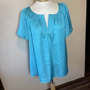 Talbots  Woman Petites Women's 22WP Blouse Top Short Sleeves Blueish Green Light